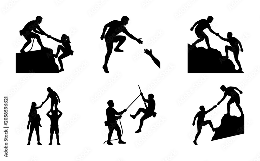 Fototapeta premium Teamwork and Support Silhouettes: Climbing, Helping Hands, Partnership Vector Icons