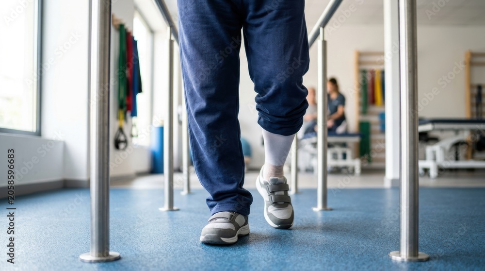 Obraz premium Patient with prosthetic leg walking with parallel bars in physical therapy clinic