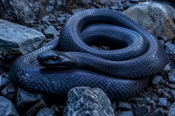 Black snake curled on rocky ground. Dangerous venomous reptile of Australia resting among stones. Wildlife nature close up photography for biology study and wild animal collection.