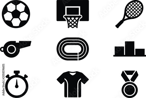 Sports equipment and achievement icons collection including soccer ball basketball hoop tennis racket whistle track podium stopwatch shirt and medal vector graphic