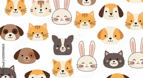 Cute Animal Face Pattern with Cats, Dogs, and Rabbits - Kawaii Pet Illustration Vector Background