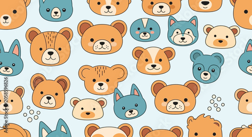 Cute Seamless Pattern with Kawaii Animal Faces, Teddy Bears and Forest Creatures for Nursery Wallpaper and Fabric Print Design