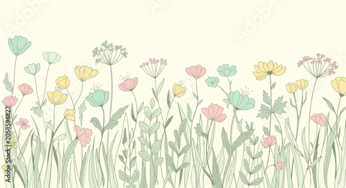 Delicate Pastel Wildflower Meadow Hand-Drawn Floral Border Background. Vintage Style Spring and Summer Garden Flowers and Herbs Vector Illustration.