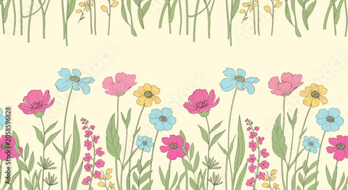 Hand-Drawn Floral Border Illustration with Pastel Wildflowers and Botanical Elements on Cream Background