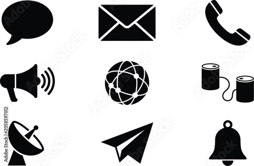 Communication and connection icons showing speech bubble email phone receiver megaphone global network and tin can phones for contact and messaging services