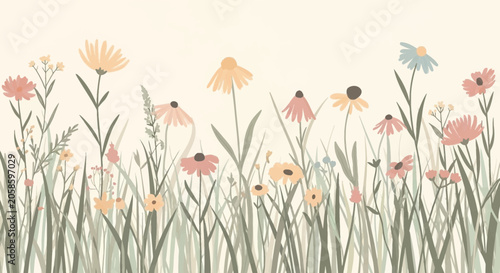 Vintage Pastel Wildflower Meadow Background, Hand-Drawn Floral Illustration with Garden Flowers and Grasses for Romantic Design