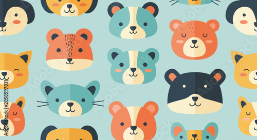 Cute Cartoon Animal Faces Seamless Pattern with Bears, Cats and Pandas for Nursery Textile, Wallpaper, and Kids Fabric Design