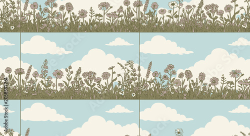 Vintage Wildflower Meadow Seamless Pattern with Fluffy Clouds and Blue Sky - Retro Floral Landscape Border for Wallpaper and Textile Design