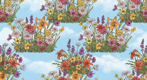 Wildflower Meadow Seamless Pattern with Lilies and Daisies on Light Blue Sky Background, Hand Drawn Vintage Botanical Illustration for Textile and Wallpaper