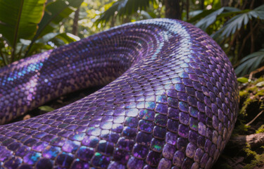 Iridescent purple snake scales coiled in a tropical rainforest. Close-up of lethal Australian reptile skin texture. Dangerous wildlife and exotic nature photography concept.