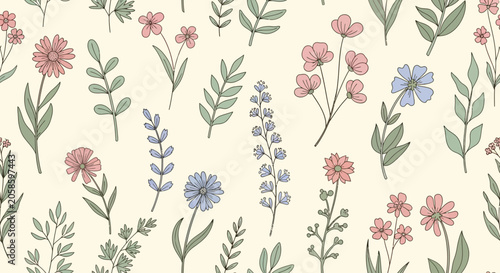 Vintage Hand-Drawn Seamless Floral Pattern with Pastel Wildflowers, Herbs, and Botanical Leaves on a Cream Background