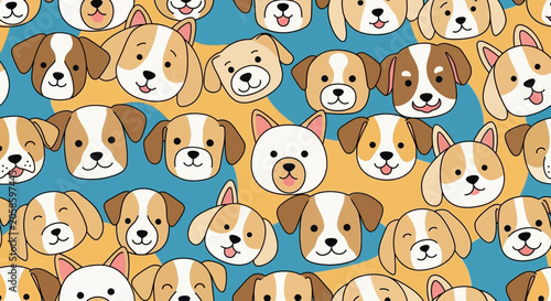 Seamless Pattern with Cute Cartoon Dog Faces and Puppy Heads, Adorable Pet Animal Illustration for Textiles, Wallpaper, and Background Design