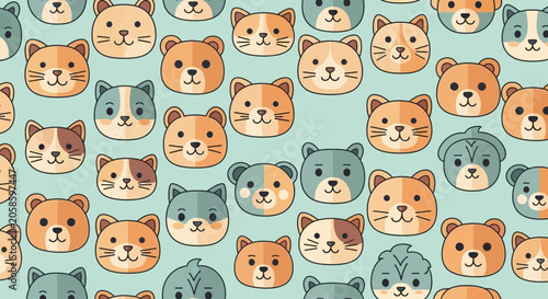 Seamless Pattern of Cute Cartoon Animal Faces, Kawaii Cat and Bear Illustrations for Kids Nursery and Textile Design