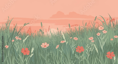 Pastel Wildflower Meadow Landscape at Sunset - Serene Nature Illustration Background with Field Grass and Pink Flowers