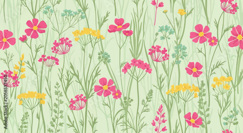 Seamless Wildflower Meadow Pattern with Pink Cosmos and Yellow Blossoms, Hand-Drawn Floral Background on Soft Green