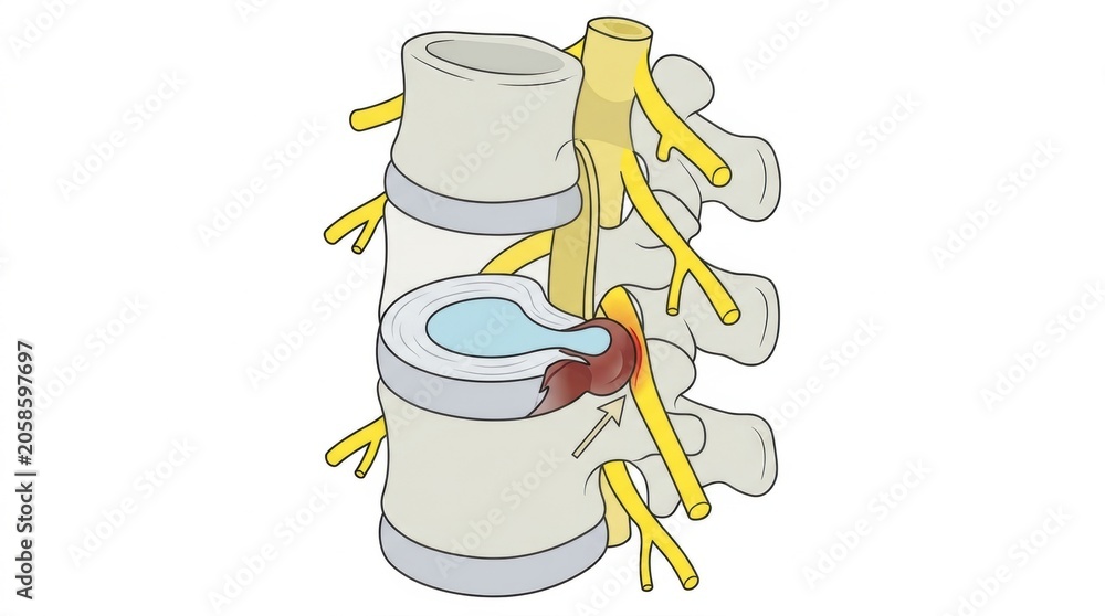 Obraz premium Herniated disc pressing on spinal nerve root causing pain and inflammation