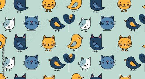 Seamless Pattern with Cute Kawaii Cats and Birds in Flat Vector Style, Playful Animal Background for Kids, Nursery, and Textile Design