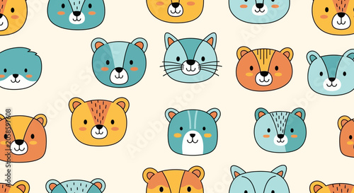 Cute Cartoon Animal Faces Seamless Pattern Background Vector Illustration for Kids Nursery and Textile Design