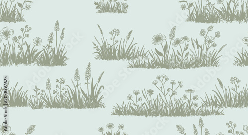 Vintage Wildflower Meadow Seamless Pattern, Hand-Drawn Floral Sketch Background with Grass and Field Flowers for Textile and Wallpaper