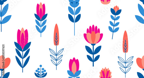 Modern Nordic Folk Art Floral Seamless Pattern with Stylized Geometric Flowers