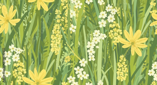 Seamless Wildflower Meadow Pattern with Yellow Daisies and White Spring Flowers on Green Grass Background