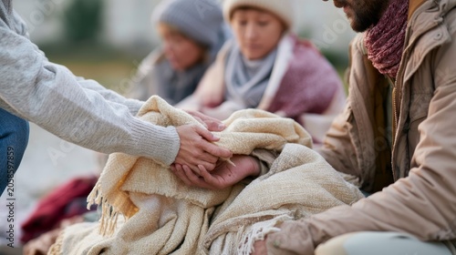 Volunteers Giving Warm Blanket Outdoors to Person in Need for Homeless Support and Winter Charity Outreach