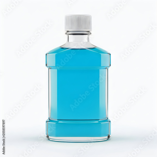 Blue mouthwash bottle for dental hygiene and fresh breath isolated on white background