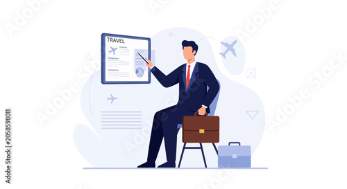 Businessman presenting travel plans with airplane infographic and suitcases, business trip concept illustration.