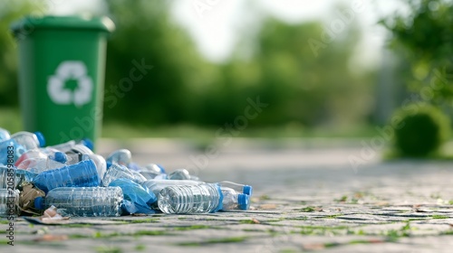 Plastic Bottles Collected Outdoors Beside Recycling Bin for Environmental Awareness, Waste Sorting, and Sustainable Living Campaigns