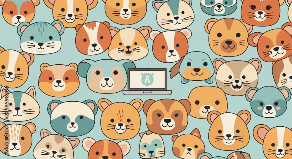 Fototapeta premium Cute Animal Faces Vector Pattern with Laptop - Pet Technology and Remote Work Illustration