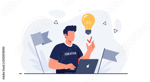 Creative Businessman with Laptop, Idea Lightbulb, and Flags Symbolizing Innovation and Success