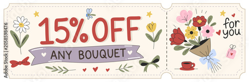 Floral discount coupon with bouquet offer in doodle style