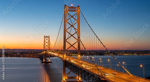 Illuminated Suspension Bridge Spanning Calm Bay at Colorful Sunset