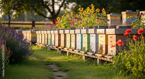 Colorful Beehives Arranged in Blooming Garden Apiary at Golden Hour