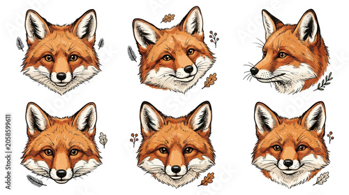 Six red fox faces in row.