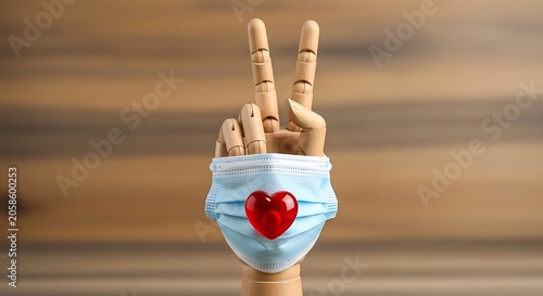 Wooden Hand Wearing Blue Medical Mask Making Peace Sign on Wooden Background
