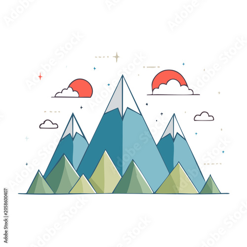 Flat design mountain range with sun and clouds