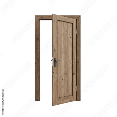 Rustic brown wooden door slightly open with a classic metal handle and vintage interior design style isolated on transparent background