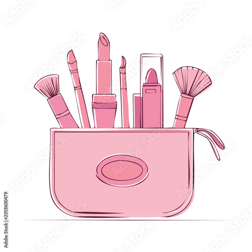 Pink cosmetic bag with makeup and brushes illustration
