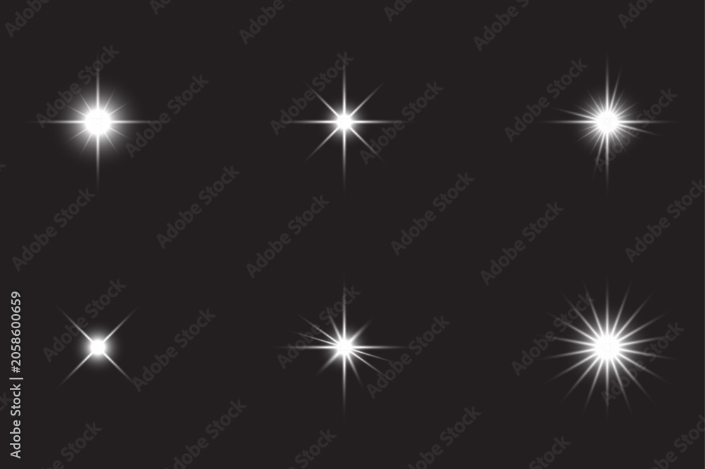 Fototapeta premium Collection of six different white glowing star and sparkle effects isolated on a dark background, perfect for adding magical or festive highlights to designs.