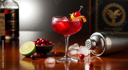 Vibrant Red Cranberry Cocktail Garnished with Citrus and Cherry on Wooden Bar
