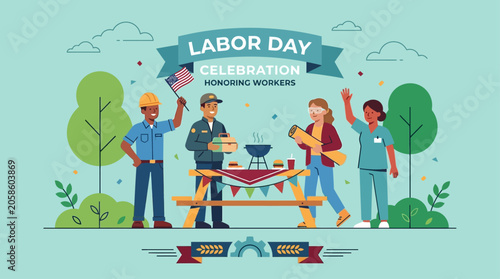 Construction worker celebrates Labor Day with colleagues outdoors on a sunny day