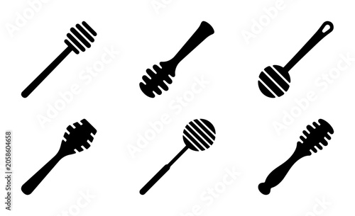 Bild auf Leinwand Set of 6 Black Honey Dipper Icons, Kitchen Utensil Vector Graphics, Sweetener Se