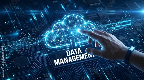 Data management system concept with cloud computing and circuit board background