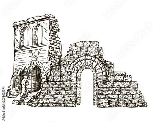 Ancient stone fortress ruins with arched gateways and medieval architecture. Historic landmark and archaeological heritage site. sketch. For history, tourism, culture and preservation themes