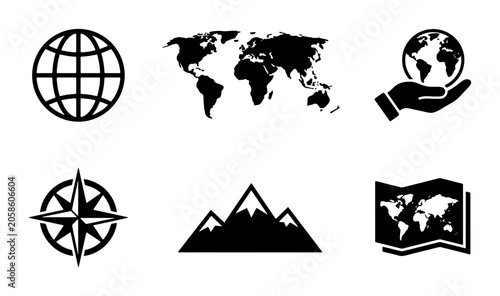 Canvastavla Global Navigation Icons: World Map, Compass, Globe, Mountains, Travel, Geography