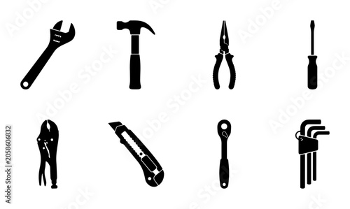 Foto Set of 8 Black Silhouette Tools: Wrench, Hammer, Pliers, Screwdriver, Cutter, Ra
