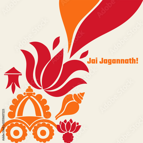 Bold Rath Yatra vector with oversized temple chariot, sweeping lotus petals, diagonal breathing space for festival template