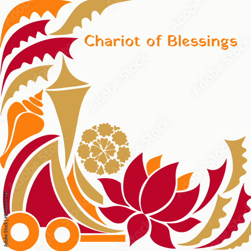 Chariot Festival flat art with confident wheel gesture, overlapping forms, saffron-vermilion-gold for cultural design