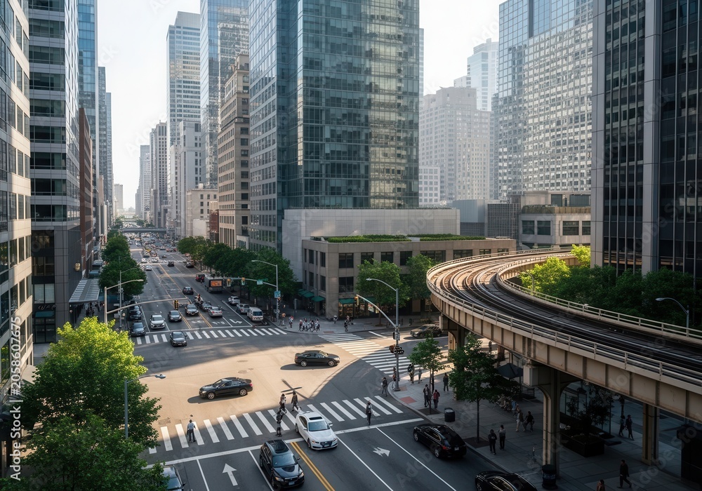 Fototapeta premium Elevated view of a city intersection with an overhead train track and skyscraper buildings